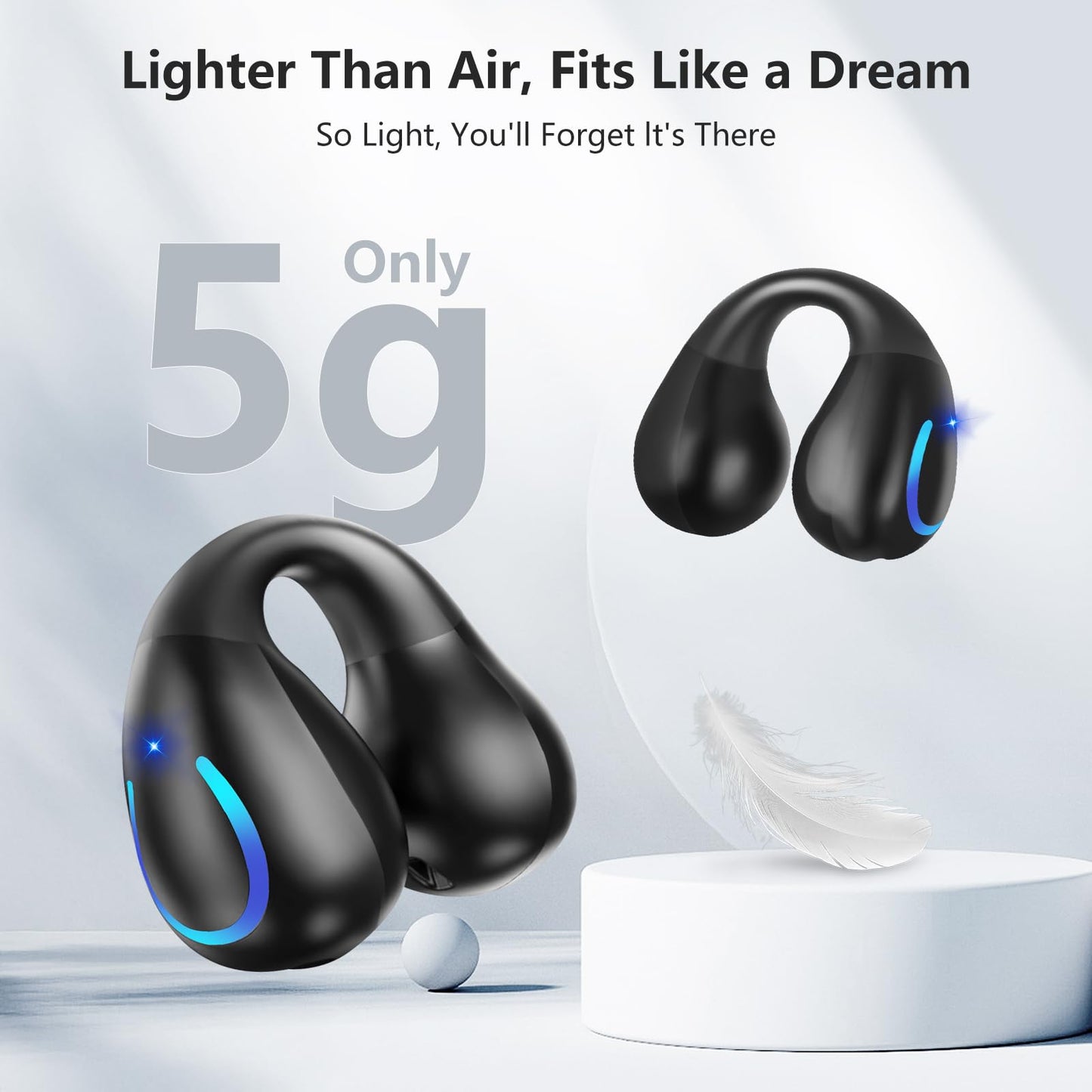 Open Ear Bone Conduction Headphones Bluetooth 5.3 Wireless Clip On Earbuds with Digital Display Charging Case 60 Hours Playtime Sport Earphones