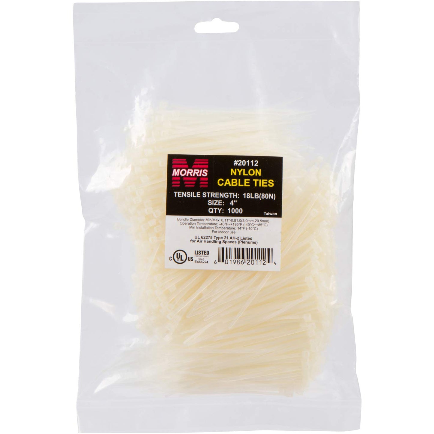 Morris Products Nylon Cable Zip Ties - 8 Inch Length - Heavy Duty, 40-Pound Tensile Strength - Cable Organization Applications - UR Recognized, UL