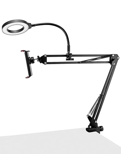 QWORK Overhead Camera Mount, Phone Mount with Ring Light, Flexible Articulating Phone Arm Stand, Phone Holder Stand, Phones Mount Clamp on Desk,