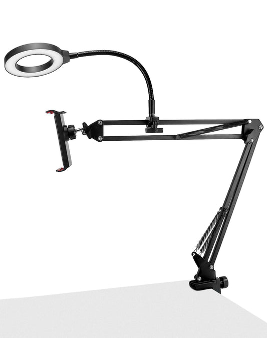 QWORK Overhead Camera Mount, Phone Mount with Ring Light, Flexible Articulating Phone Arm Stand, Phone Holder Stand, Phones Mount Clamp on Desk,