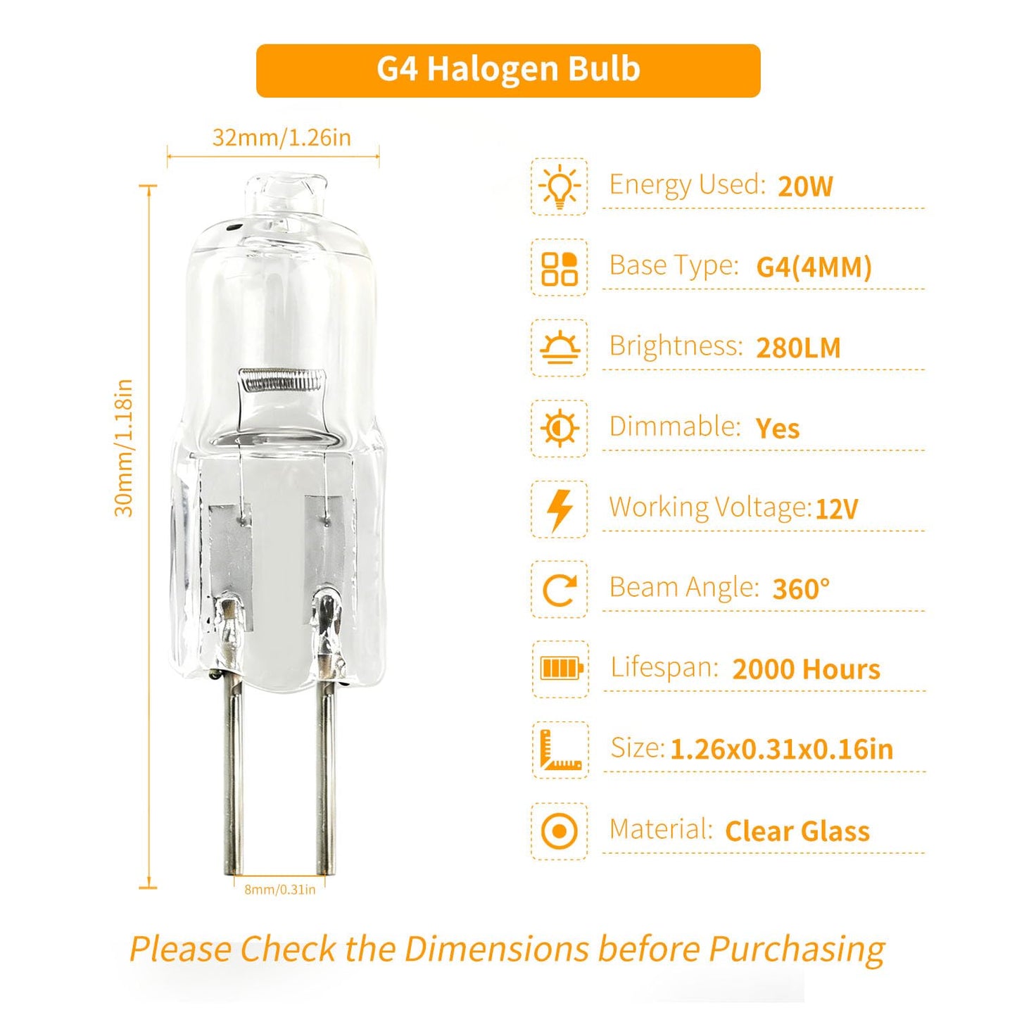 Syeincroe G4 20W 12V Halogen Bulbs 12-Pack, Low Voltage Dimmable for Under Cabinet, Landscape, RV & Marine Lighting