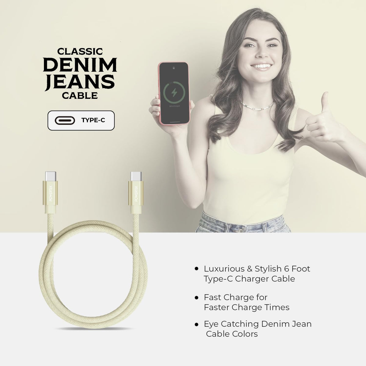 LIQUIPEL Powertek Denim USB C to USB C Fast Charging Cable, 6ft Charger for Galaxy, iPhone, MacBook, and More (Cream)