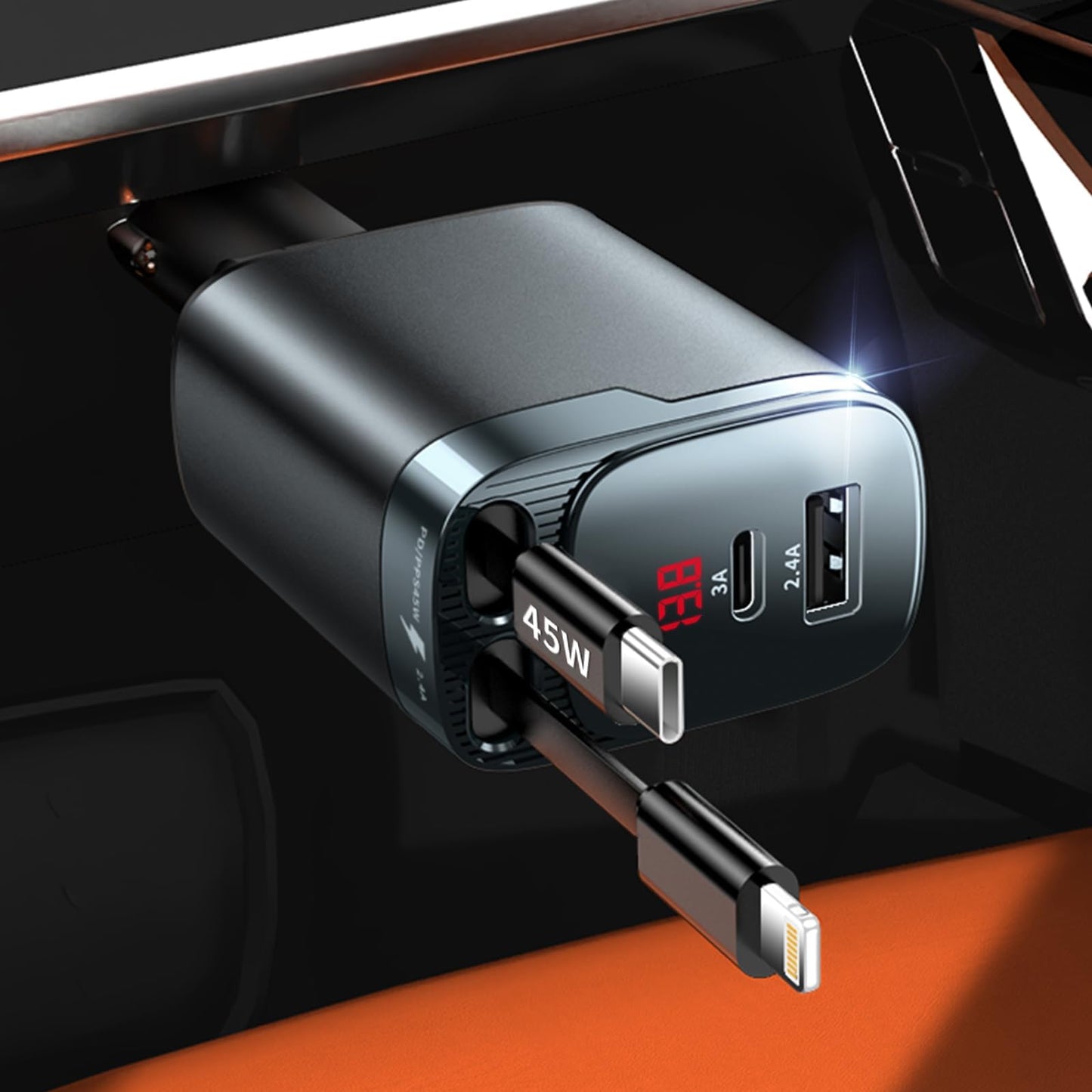 Retractable Car Charger 4 in 1, Car Charger USB C Fast Charge 84W Cigarette Lighter USB Charger, Travel Essentials Car Accessories Gifts for Men Women