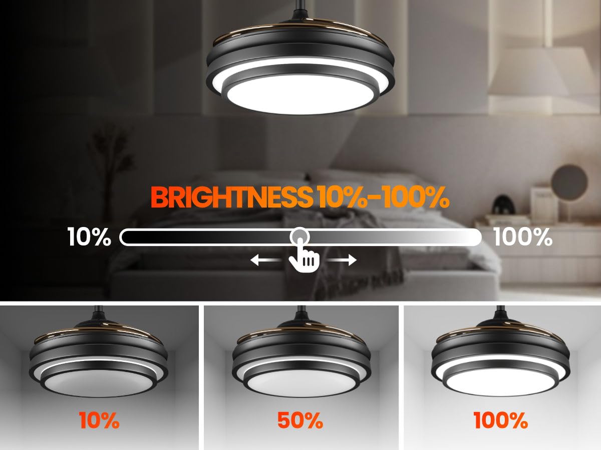 48 Inch Retractable Ceiling Fan with Lights and Remote,Black Fandelier Ceiling Fan with APP Control 6 Speed Dimmable LED Ceiling Fans Silent
