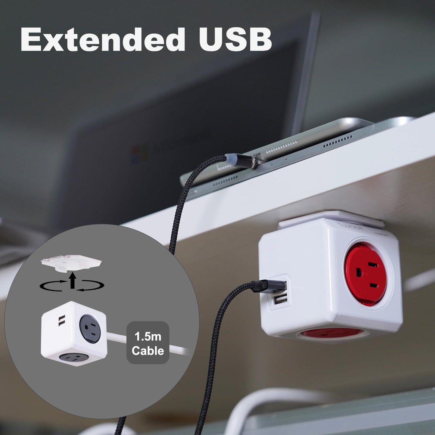 Surge Protector Power Board, 4 - Outlet Extender Multi - Plug Socket with 2 USB Charging Ports, 5 Foot Extension Cord, Installation Base?Suitable
