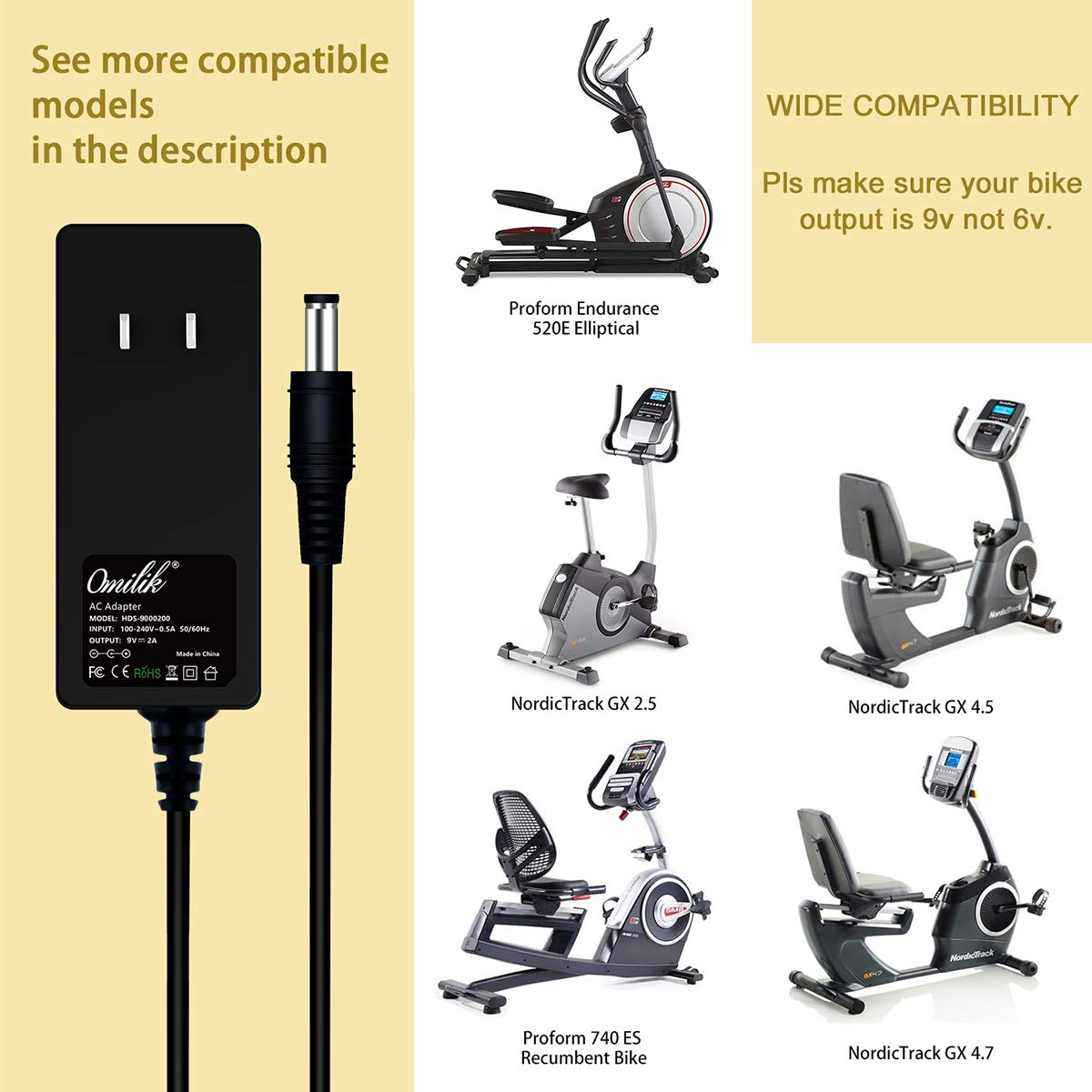 Omilik 9V AC to DC Adapter Compatible with ProForm Upright Bikes and Hybrid Trainer Elliptials NordicTrack GX 2.5, 2.7, 4.5, 4.7 E 5.9 Power Supply…