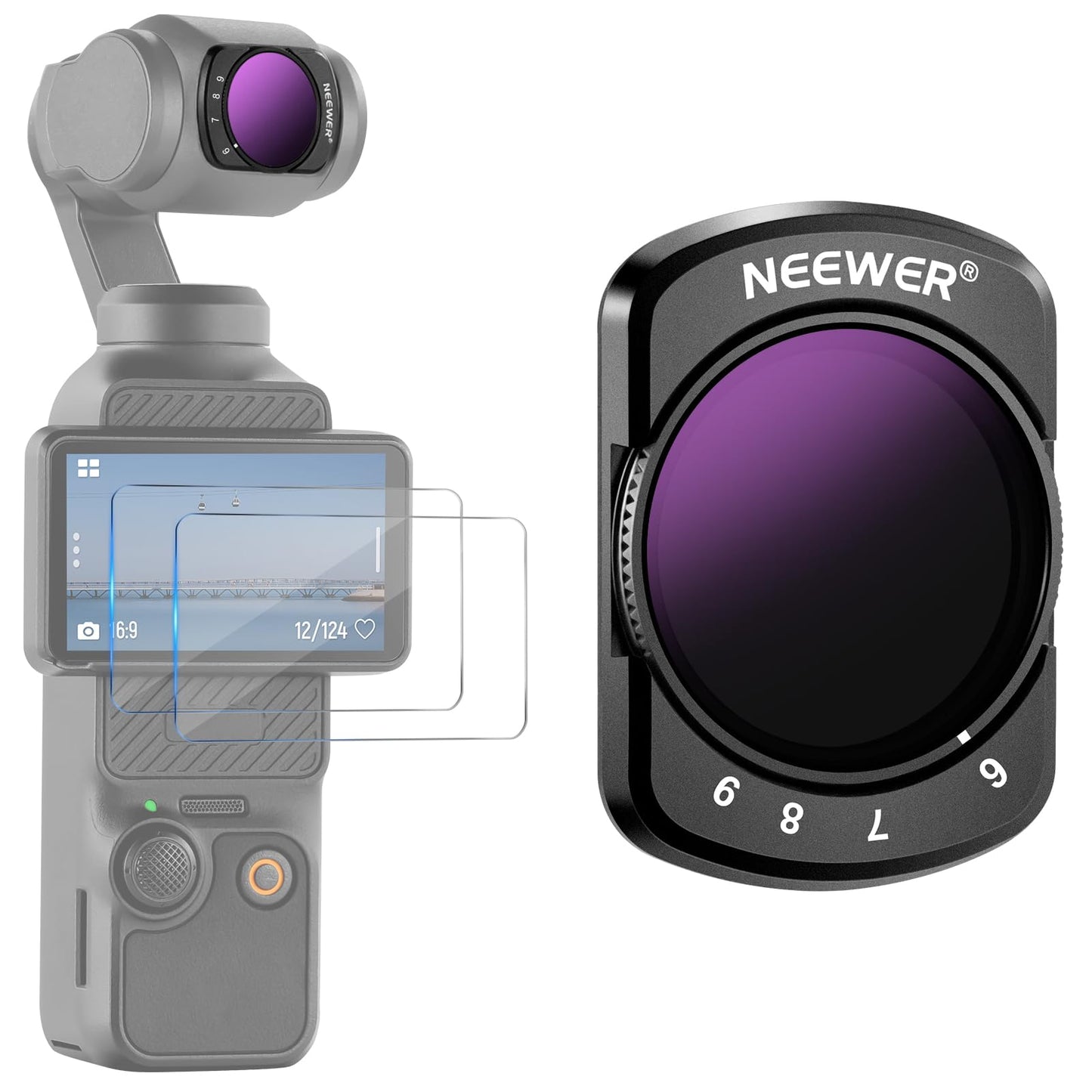 NEEWER Variable ND64-512 Filter Compatible with DJI Osmo Pocket 3, Magnetic 6-9 Limited Stops Adjustable ND Filter with HD Multi Coated Optical