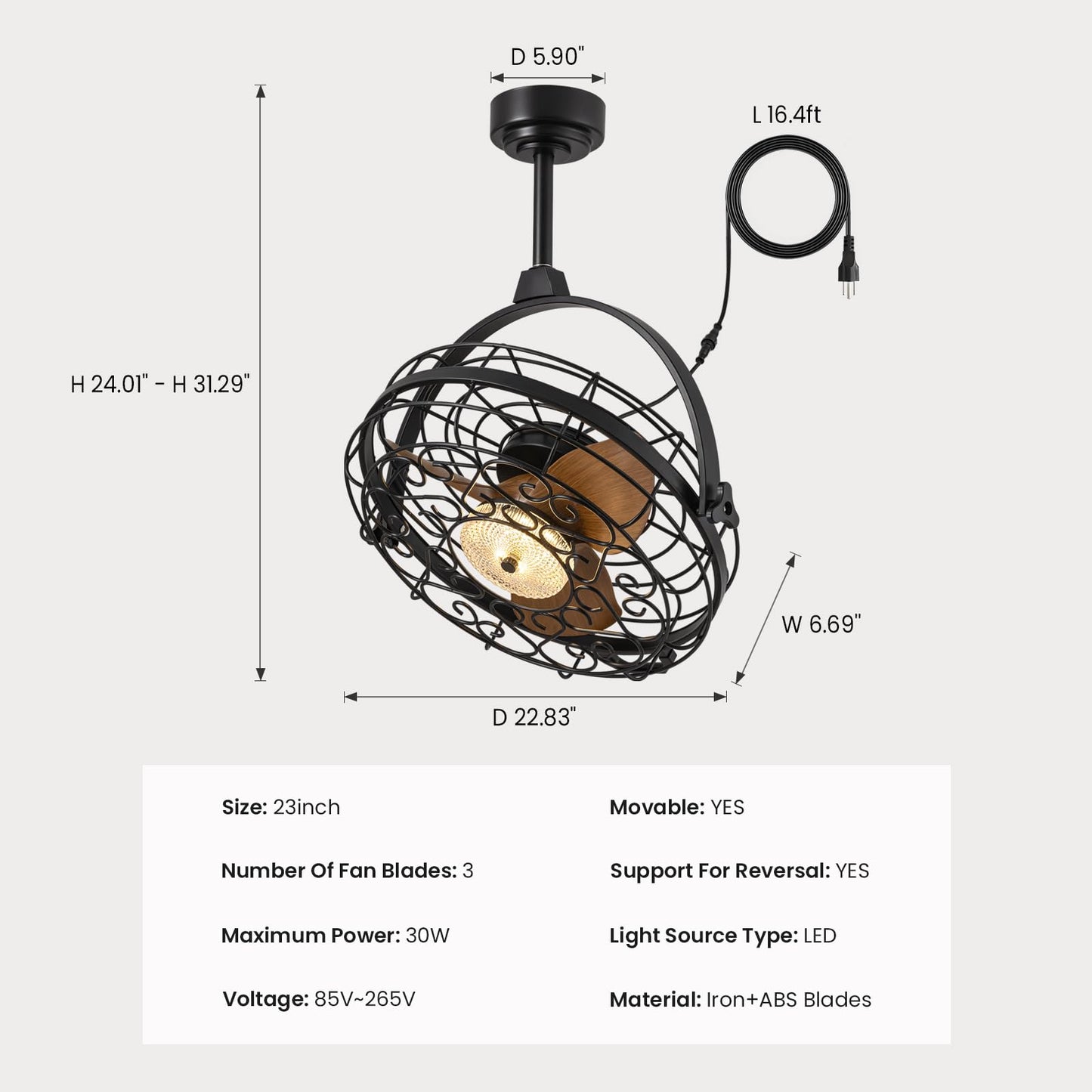 CROSSIO 23'' Outdoor Ceiling Fans with Lights, Gazebo Fan Wet Rated Remote&APP Control, Dimmable Hanging Fan with Plug in Cord for Patio Pergola