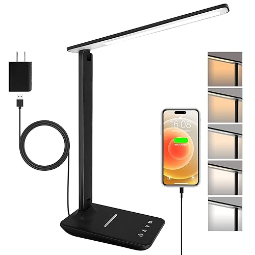 shinelife LED Desk Lamp for Office Home, Bright Desk Light with USB Charging Port, Adjustable Dimmable Desk Lamps 5 Modes 5 Brightness, Touch Study