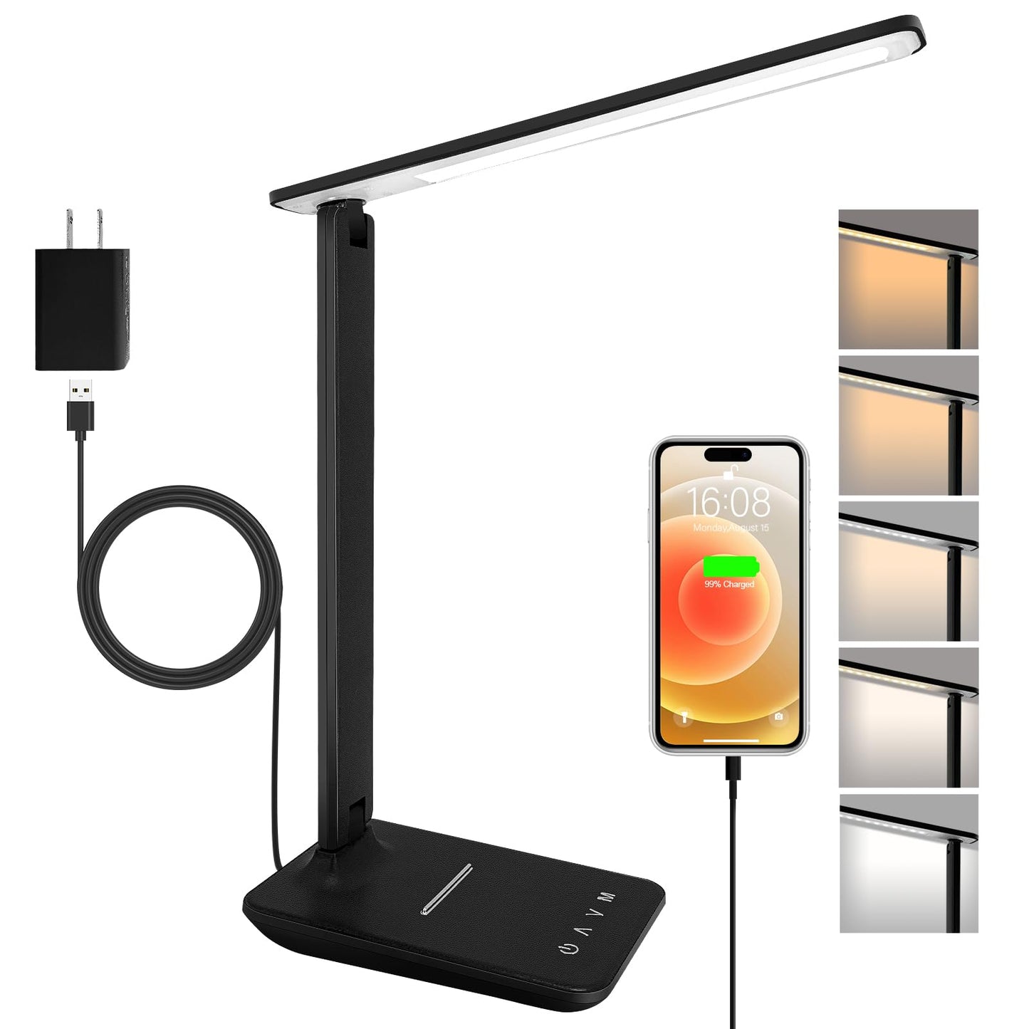 shinelife LED Desk Lamp for Office Home, Bright Desk Light with USB Charging Port, Adjustable Dimmable Desk Lamps 5 Modes 5 Brightness, Touch Study