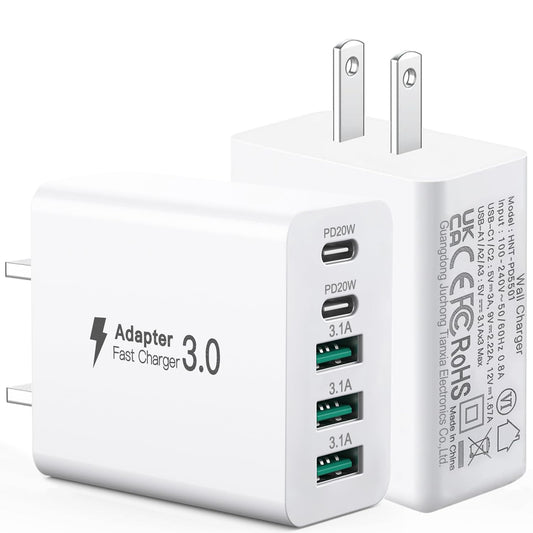 [2-Pack] USB C Charger Block, 5-in-1 50W Charging Blocks, Fast Wall Charger 20W Type C & 3.1A USB, Multiport Phone Charging Adapter for iPhone