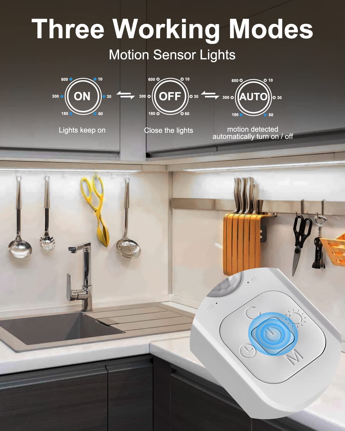 Motion Sensor Led Light Strip - Under Cabinet Lighting with Power Adapter, 6 Adjustable Brightness and Timing, Light Strips for Kitchen Cabinets
