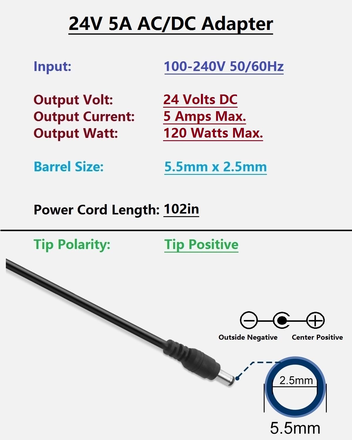 24V 5A DC Regulated Power Supply, AC 100-240V 50-60Hz to DC 24 Volt 5 Amp Power Adapter Cord, 5.5mm x 2.5mm Barrel Jack, Tip Center Positive
