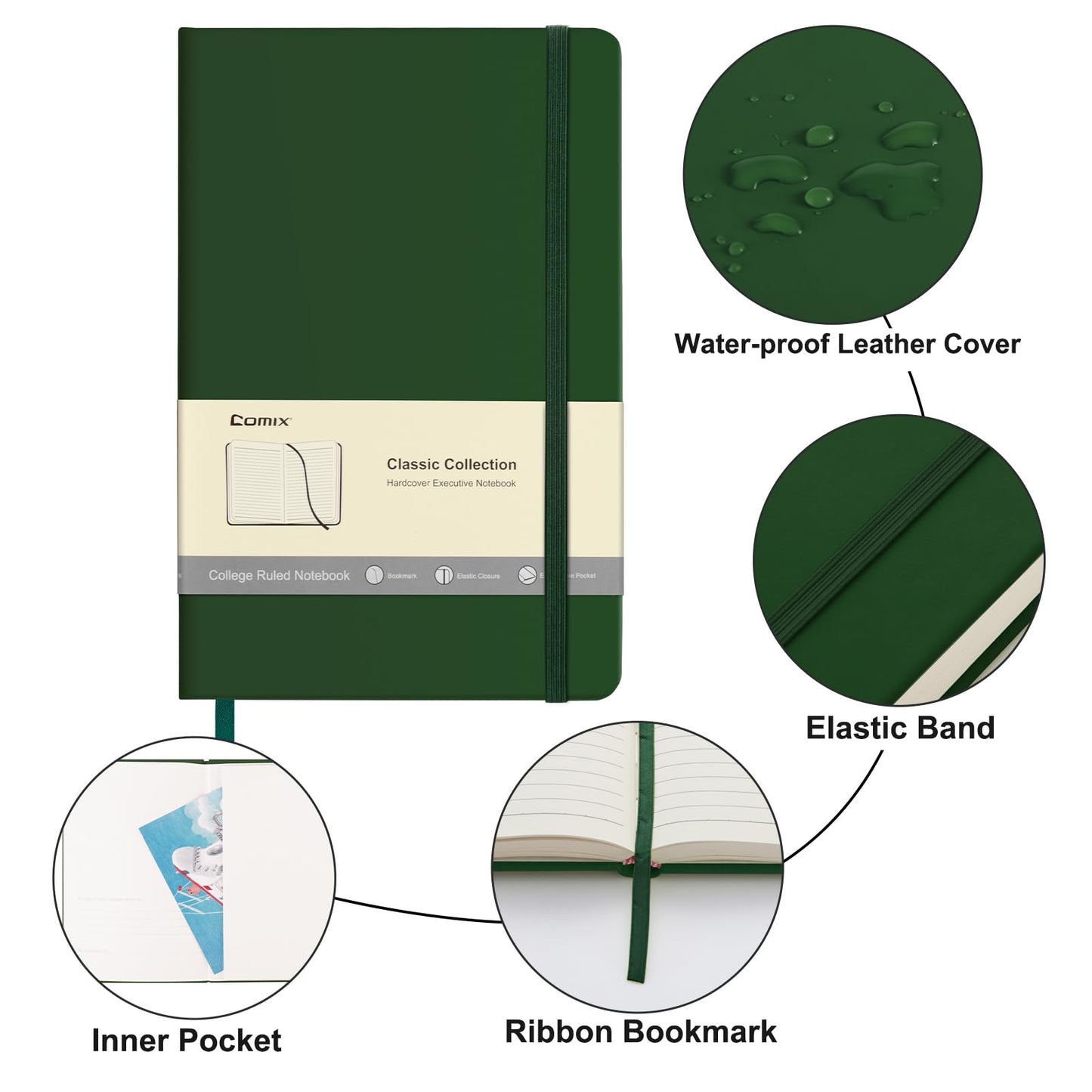 Comix Lined Journal Notebook for Women Men, Journaling Notebooks for Office School Home, Dark Green, 240 Pages, 5.5" x 8.3", College Ruled, A5