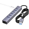 FORIDA Aluminum USB to Ethernet Adapter with 7-Port USB Hub - 3.9ft Long Cable, Gigabit Ethernet Port, 5V/3A Power Port | USB Extender Compatible