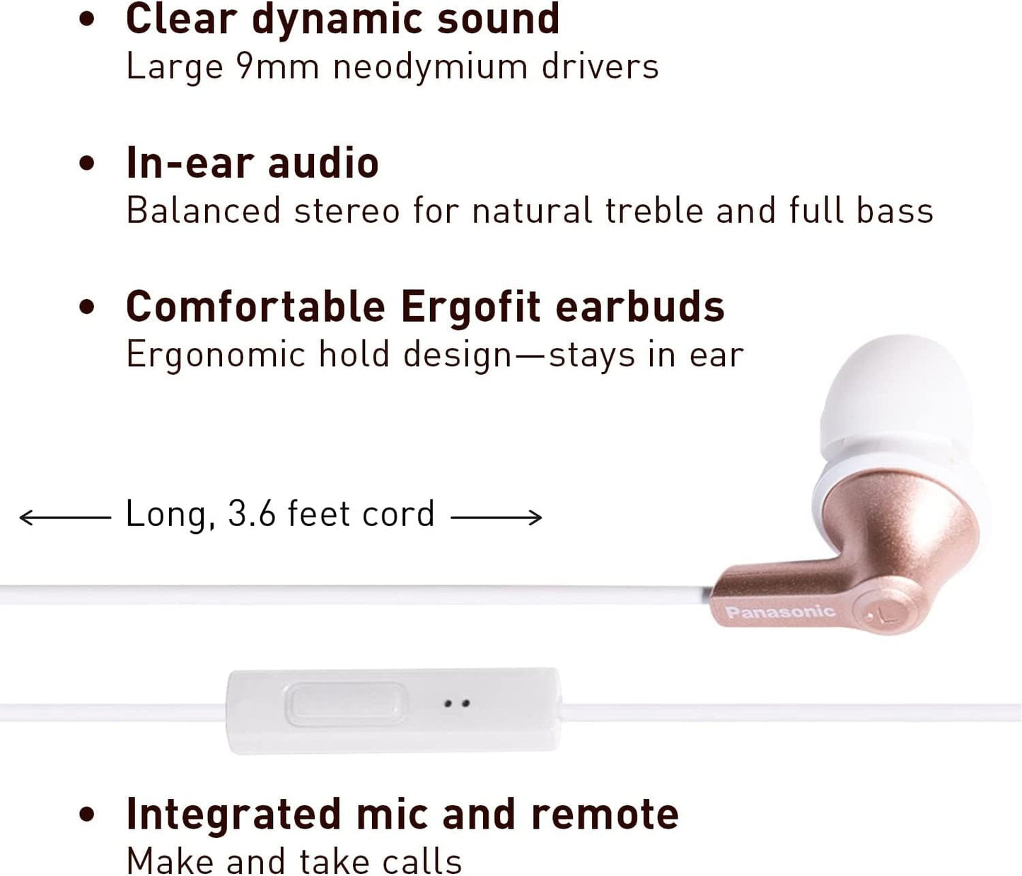 Panasonic ErgoFit Wired Earbuds with Microphone, 3.5mm Jack Headphones with Mic and Call Controller, Ergonomic Custom-Fit Earpieces (S/M/L),
