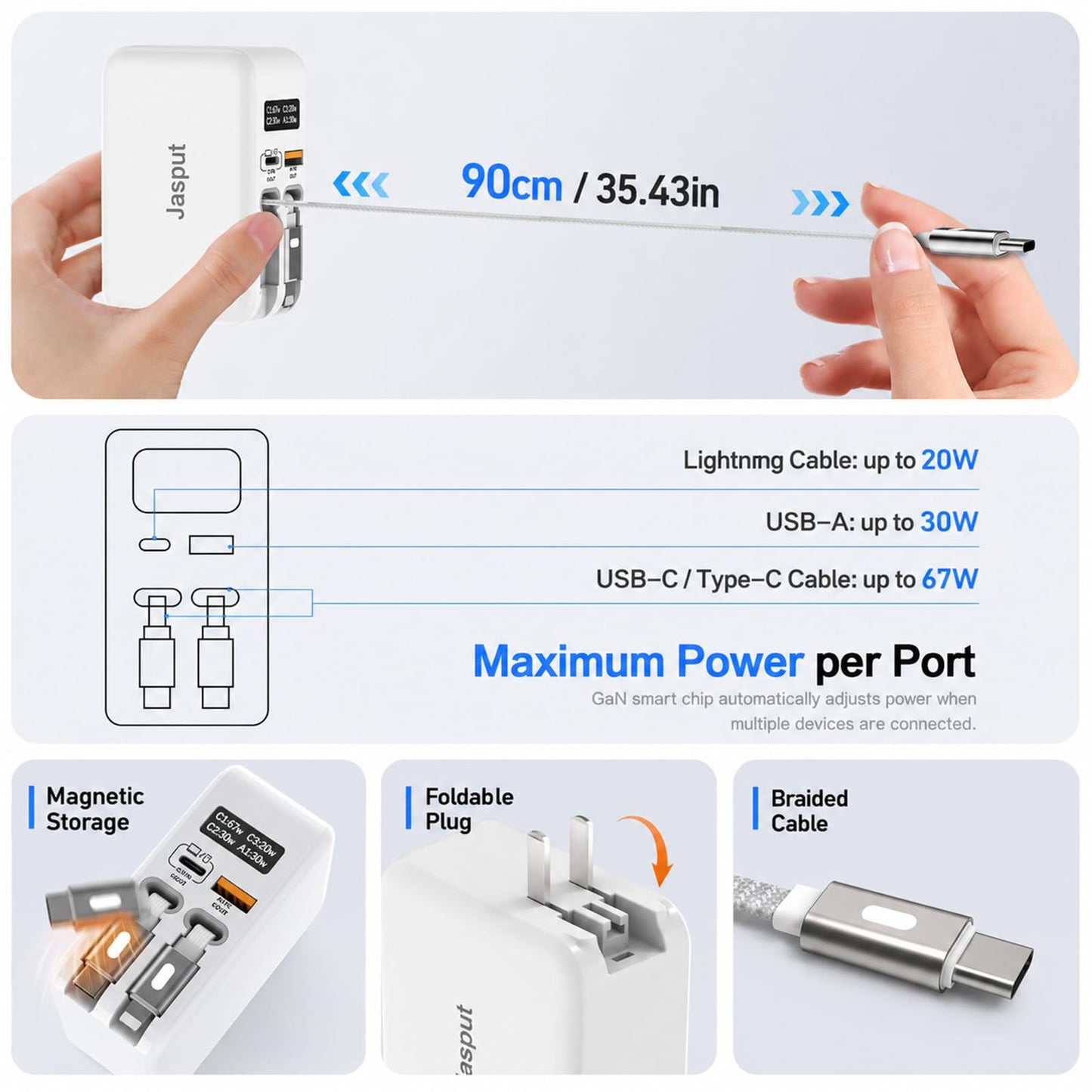 Jasput 67W Retractable Wall Charger, 4in1 GaN Fast Charger with 3.3FT Built-in USB-C & for iPhone Cables, LED Display, Foldable Travel Charger