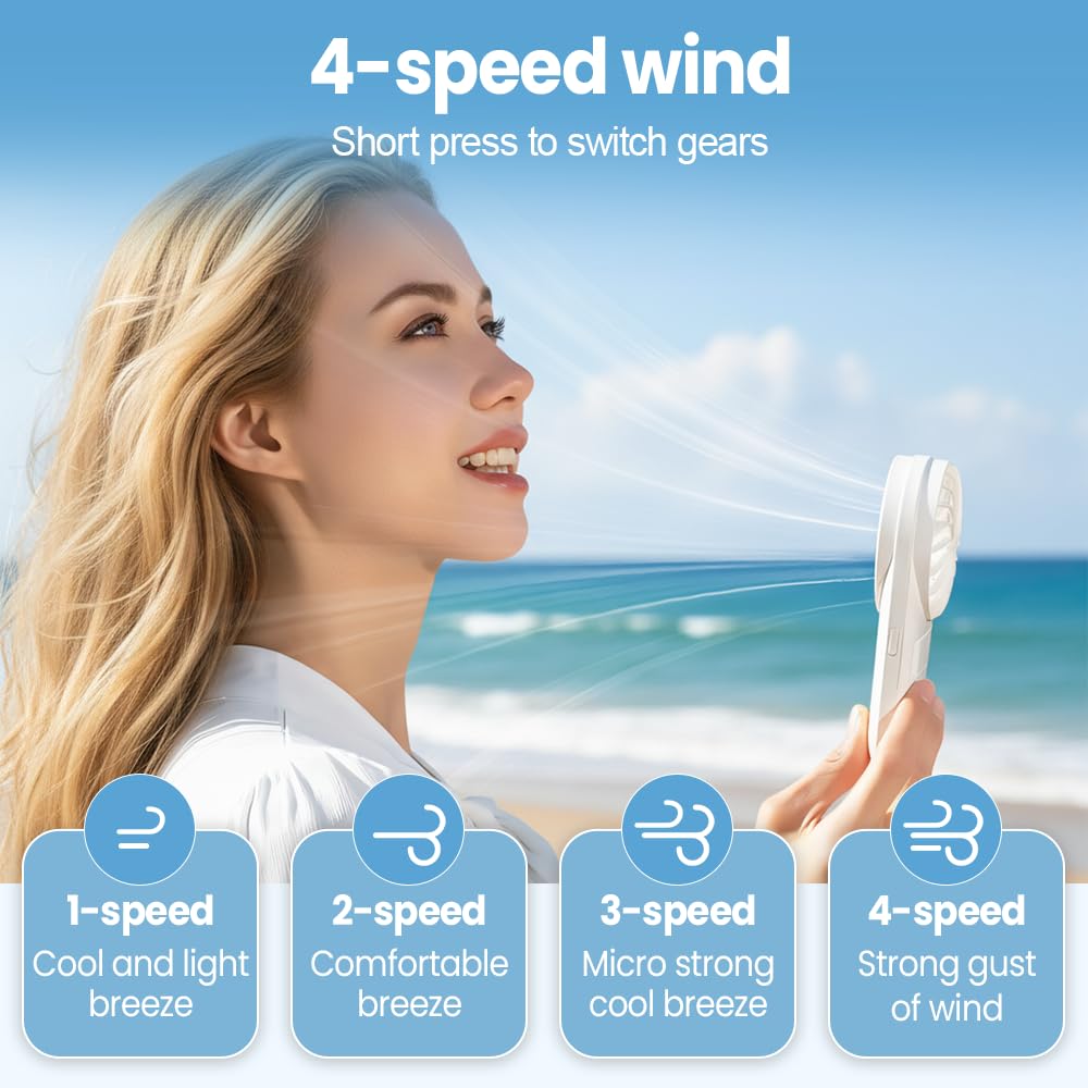 DONGKER USB Handheld Fan,4 Speed Personal Cooling Fan 1200mAh Battery for Summer, Travel, Bedroom, Car, Outdoor, Kitchen