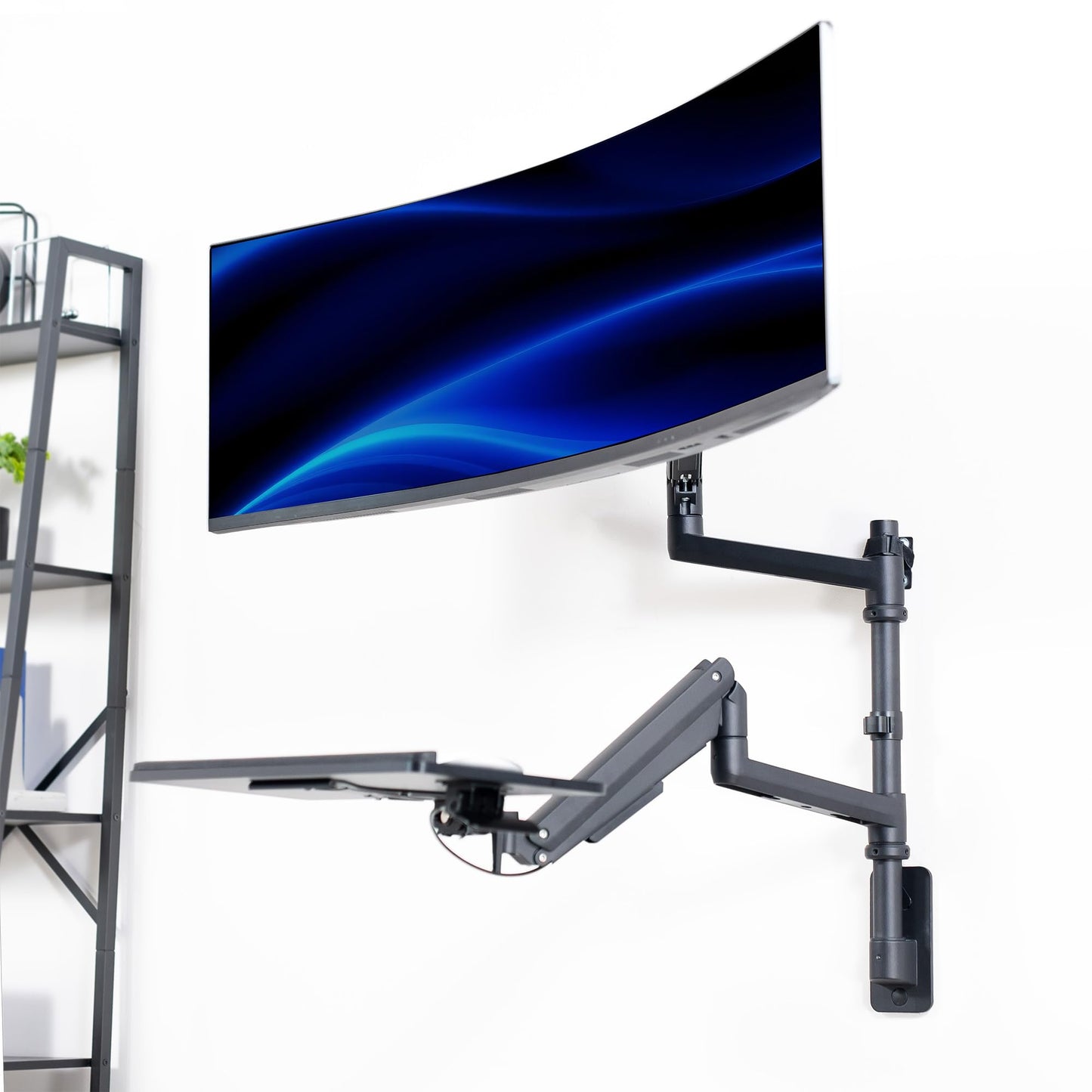 VIVO Sit-Stand Heavy Duty Ultrawide Monitor Wall Mount for Screens up to 49 inches with Height Adjustable Keyboard and Mouse Tray, Pneumatic Arm