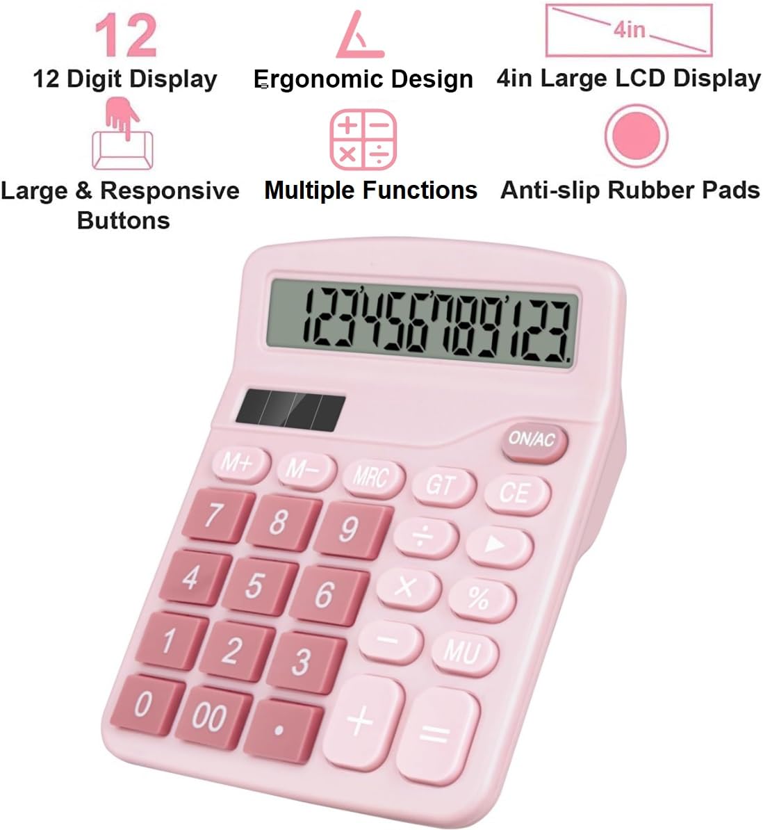 Cute Desktop Basic Calculator for Kids, Dual Solar and Battery Power, Simple 4 Functions and Basic Financial Calculations with Big Buttons and 12