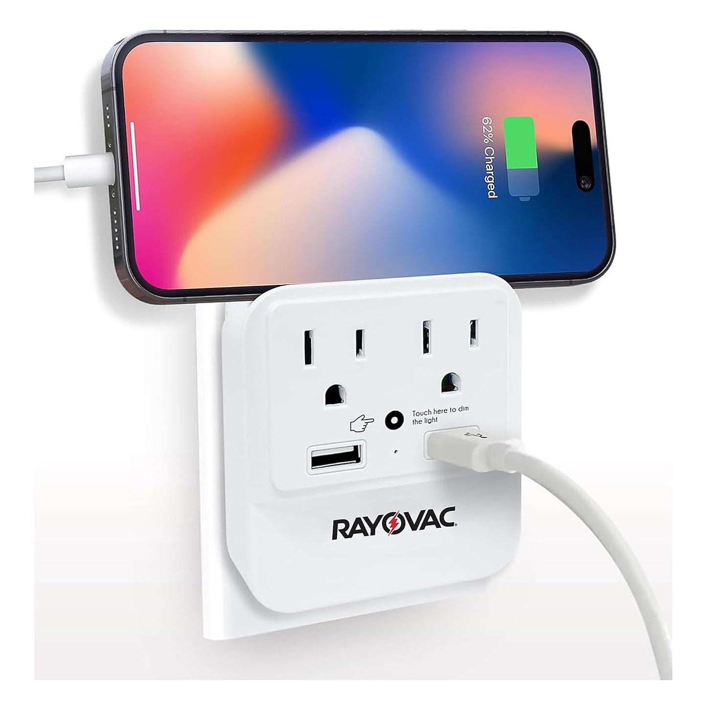 Rayovac Surge Protector with Night Light, 2 Outlet Power Strip with 2 USB-A Ports Adapter for Home, School, or Office, White
