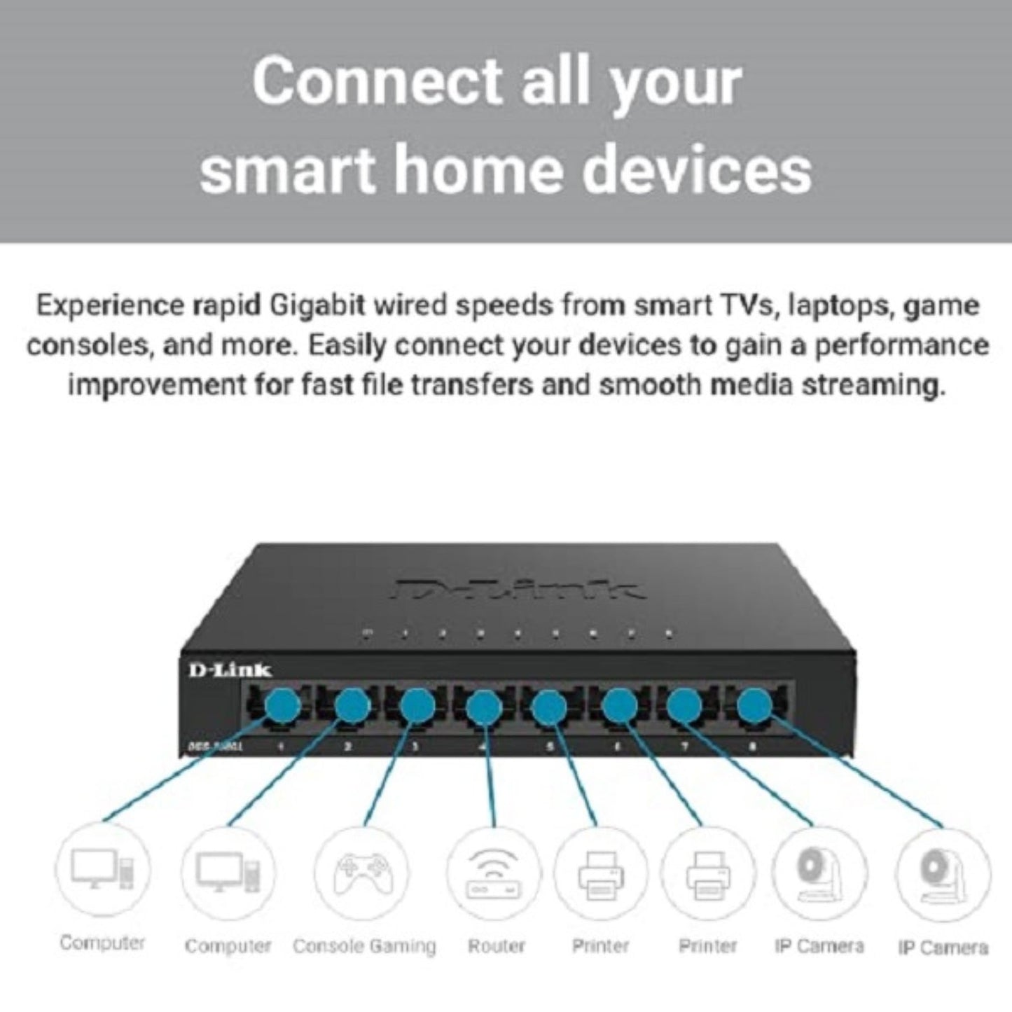 D-Link Ethernet Switch, 8 Port Gigabit Unmanaged Desktop Plug and Play Sturdy Metal Housing Fanless Design EEE (DGS-108GL-V2)