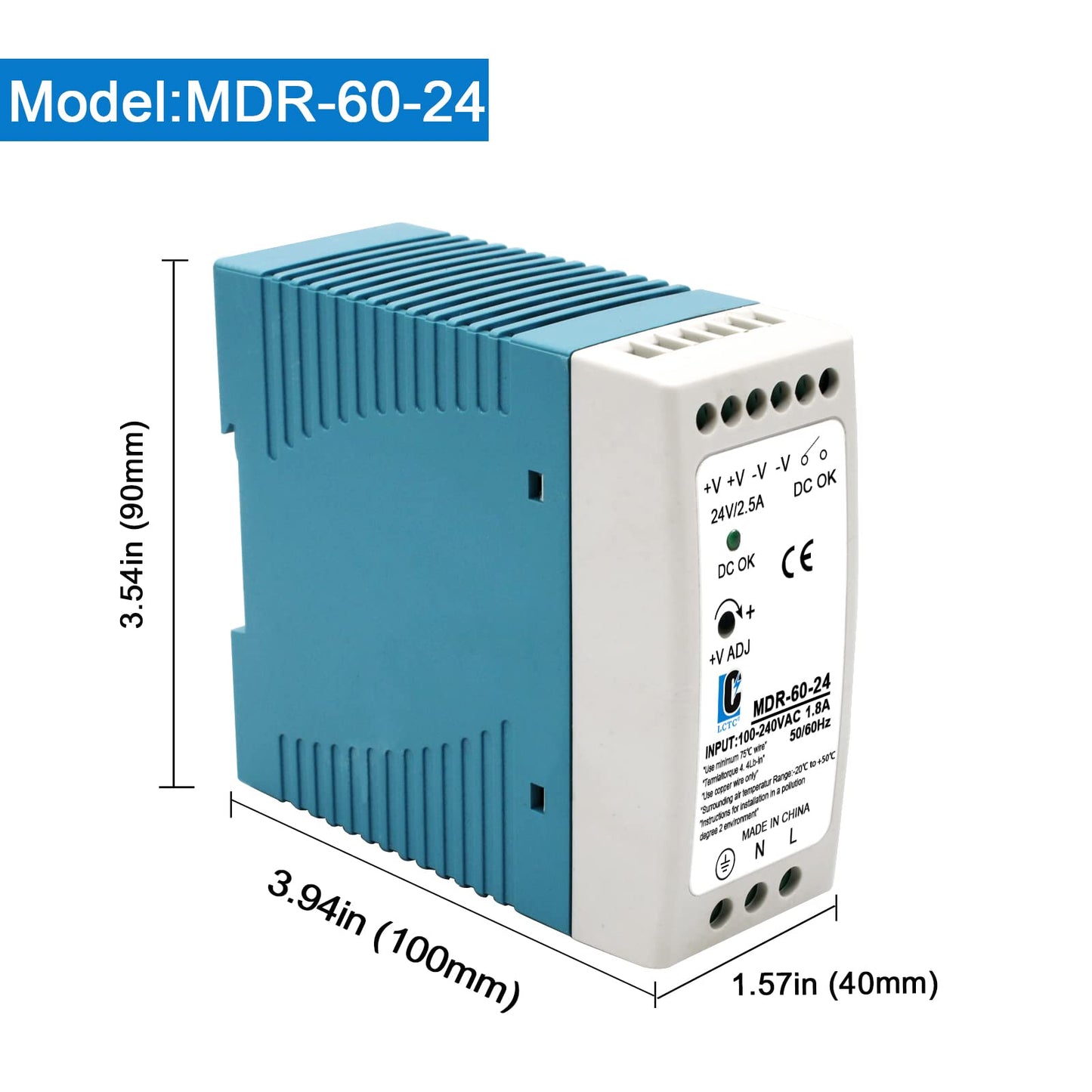 DIn Rail DC 24V Switching Power Supply MDR 60W Rail Type(Input:100-240VAC,Output:24VDC,50/60HZ) Switch Converter (24V 2.5A)