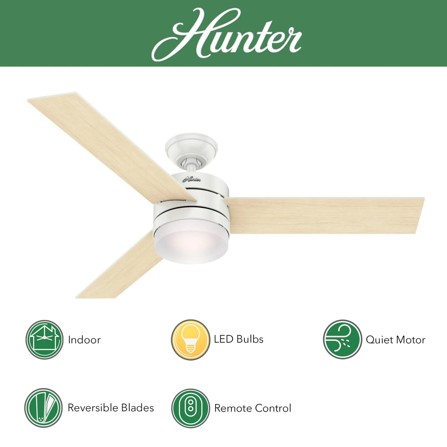 Hunter Fan 54 inch Contemporary Fresh White Indoor Ceiling Fan with Light Kit and Remote Control (Renewed)