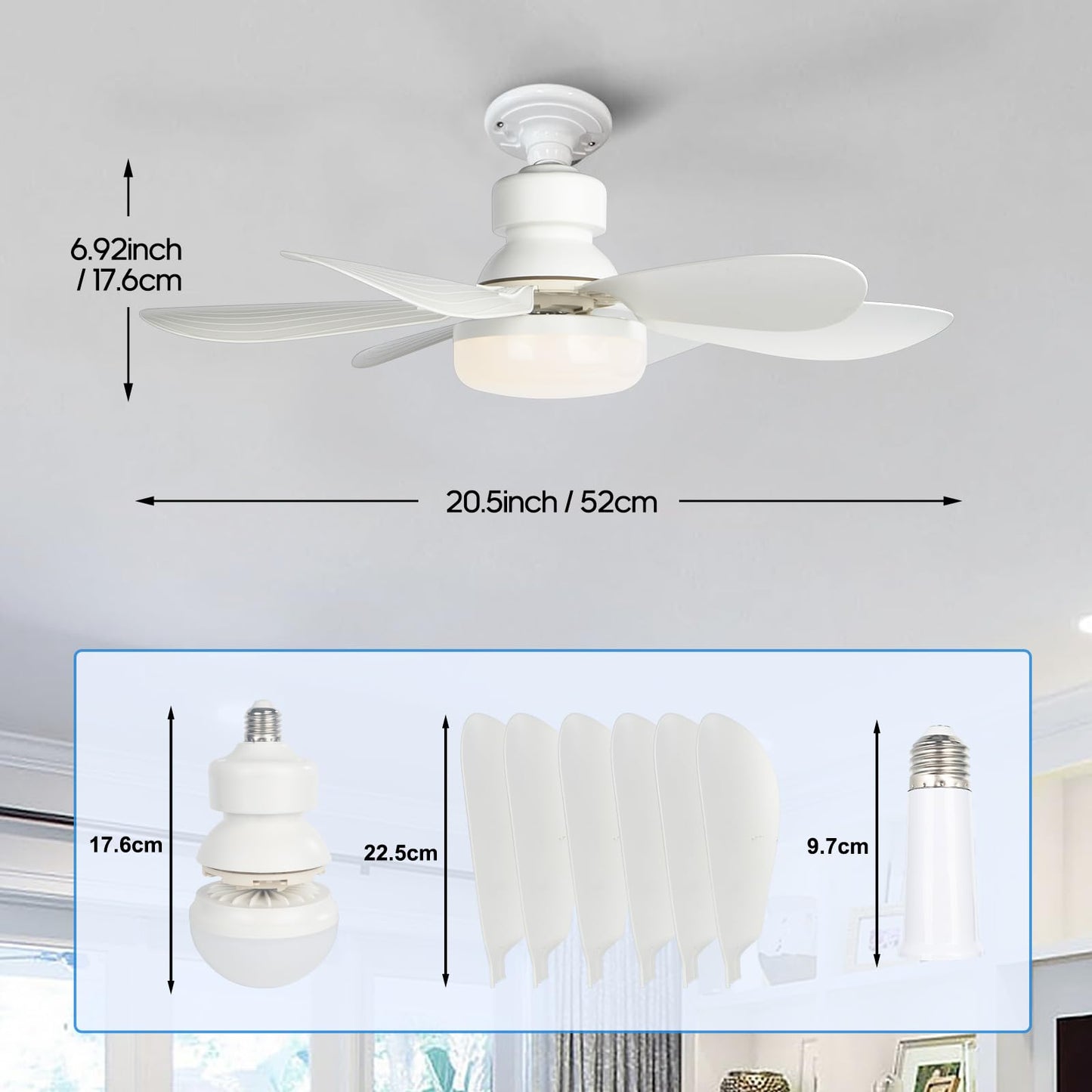 Socket Fan Light, Socket Celling Fan Remote Dimming 20.5" in Room (White)