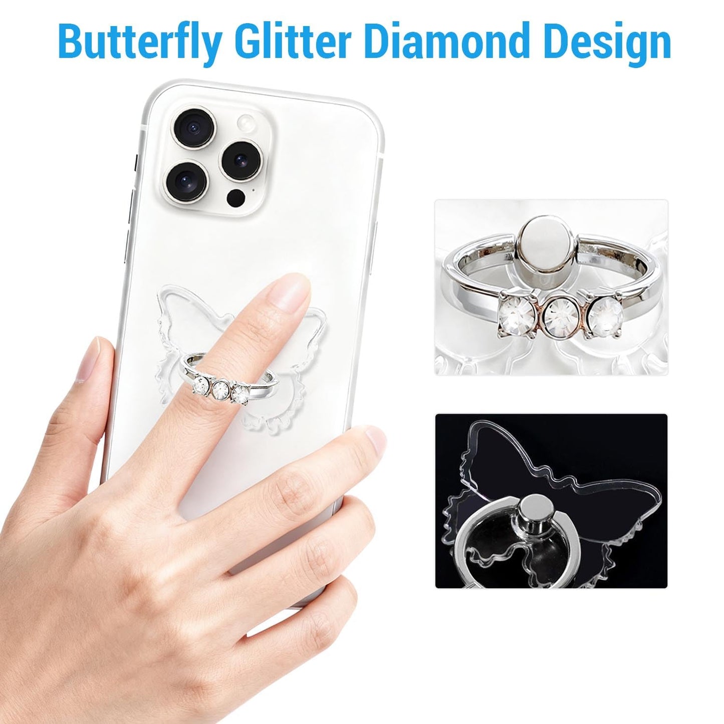 2PcsTransparent Phone Ring Holder Grip, Clear Butterfly Cell Phone Ring Holder Stand with Diamonds,360°Rotation Finger Grip Ring Kickstand Compatible