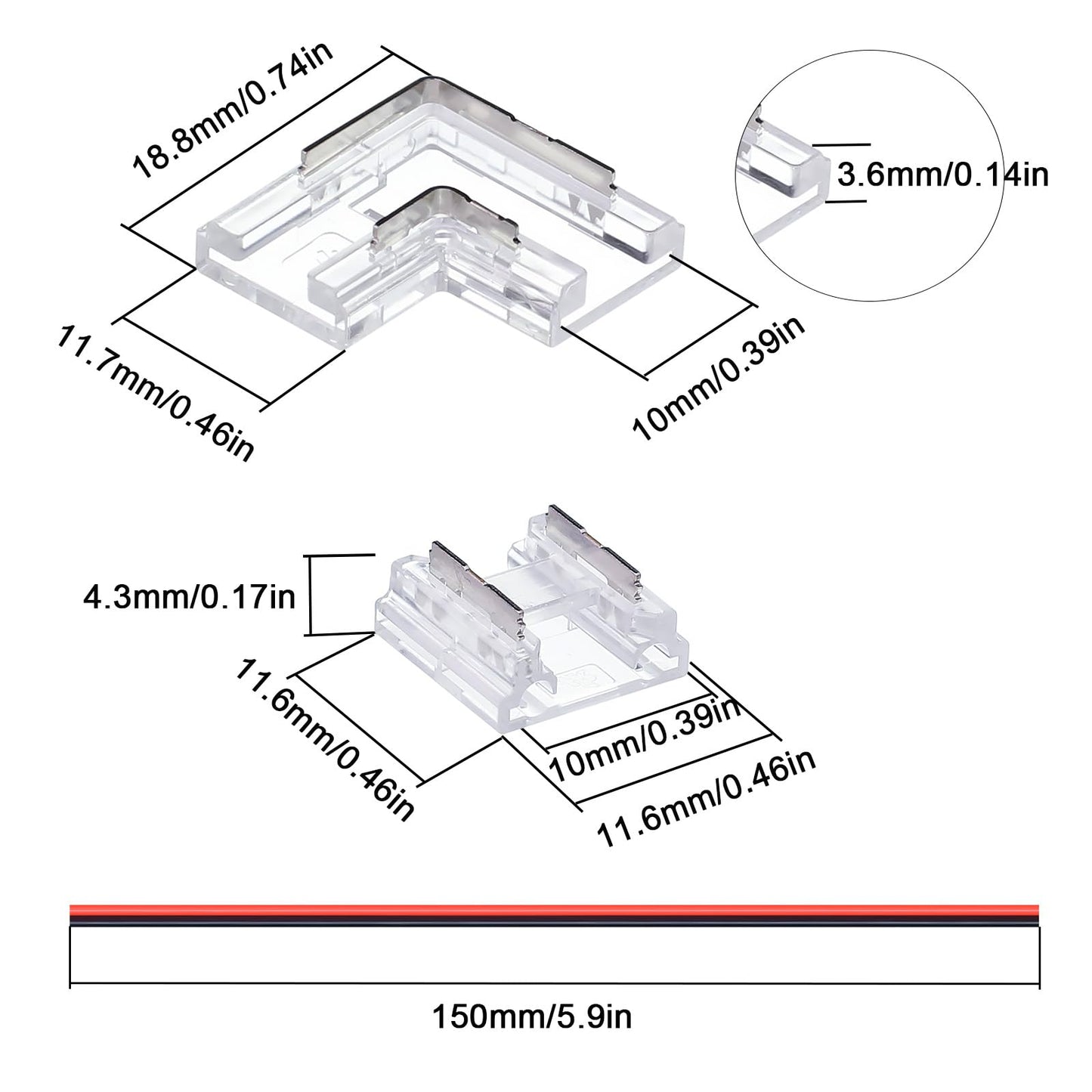 GOMING 2-Pin 0.39in/10mm Board Width COB Connector Kit 12 Transparent Gapless Connectors 4 L-Shaped/Corner Gapless Connectors 5 Extension Wires