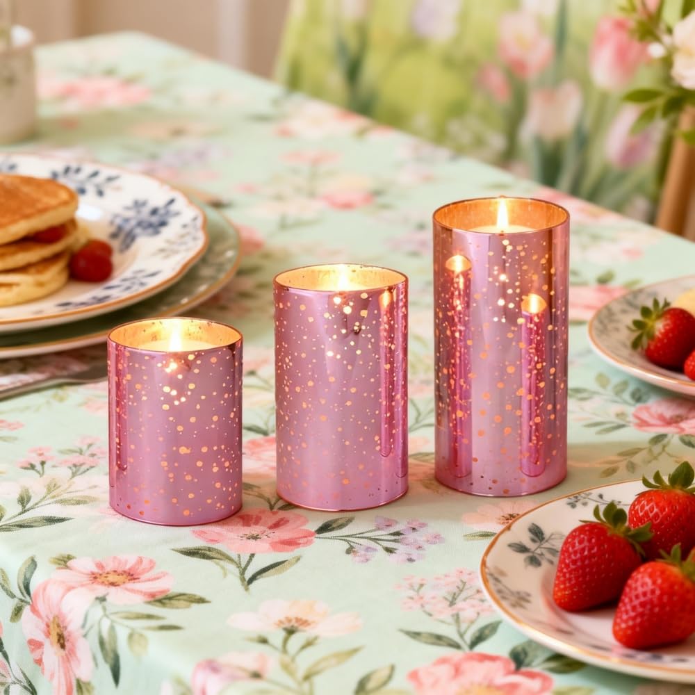 Pink Flameless LED Candles with Remote - Mercury Crackle Glass, Real Wax, Warm White Flicker, 500+ Hrs, Spring & Summer Decor for Women, Mother's Day