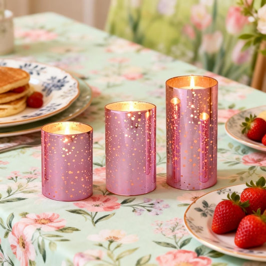 Pink Flameless LED Candles with Remote - Mercury Crackle Glass, Real Wax, Warm White Flicker, 500+ Hrs, Spring & Summer Decor for Women, Mother's Day