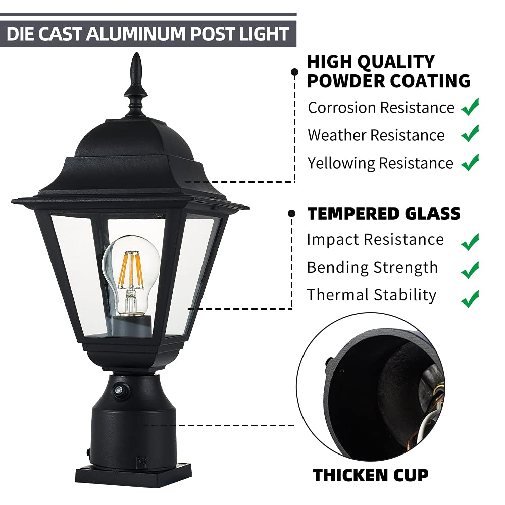 Windben Dusk to Dawn Outdoor Post Light,Waterproof Cast Aluminium Lamp Post Light Fixture,Post Lantern with Pier Mount Base,Matte