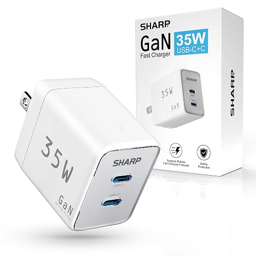 Sharp USB C Charger - 35W, Dual Port (2 USB-C) Compact Foldable GaN Fast Charge for iPhone 15/15 Pro/15 Pro Max/14/13/12, Pad Pro/AirPods and More