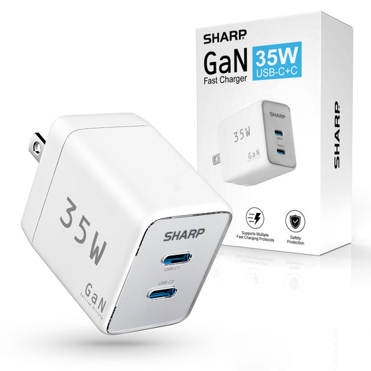 Sharp USB C Charger - 35W, Dual Port (2 USB-C) Compact Foldable GaN Fast Charge for iPhone 15/15 Pro/15 Pro Max/14/13/12, Pad Pro/AirPods and More
