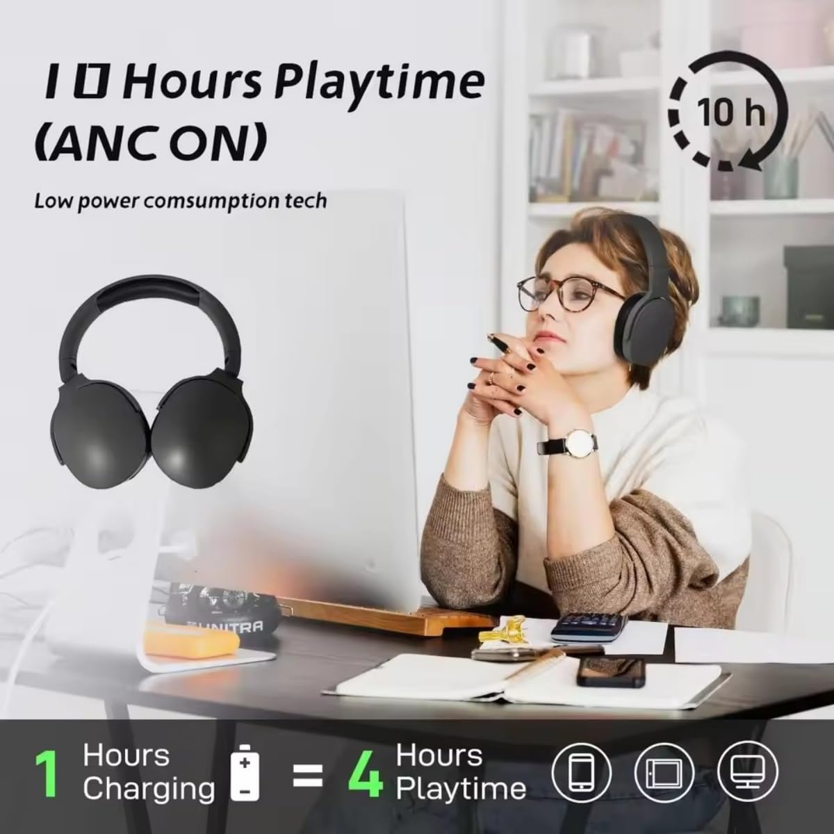 Wireless Bluetooth Headphones Over Ear ,HiFi Foldable Intelligent Noise Reduction Adjustable Wireless Headset with Microphone,Stereo Headphone