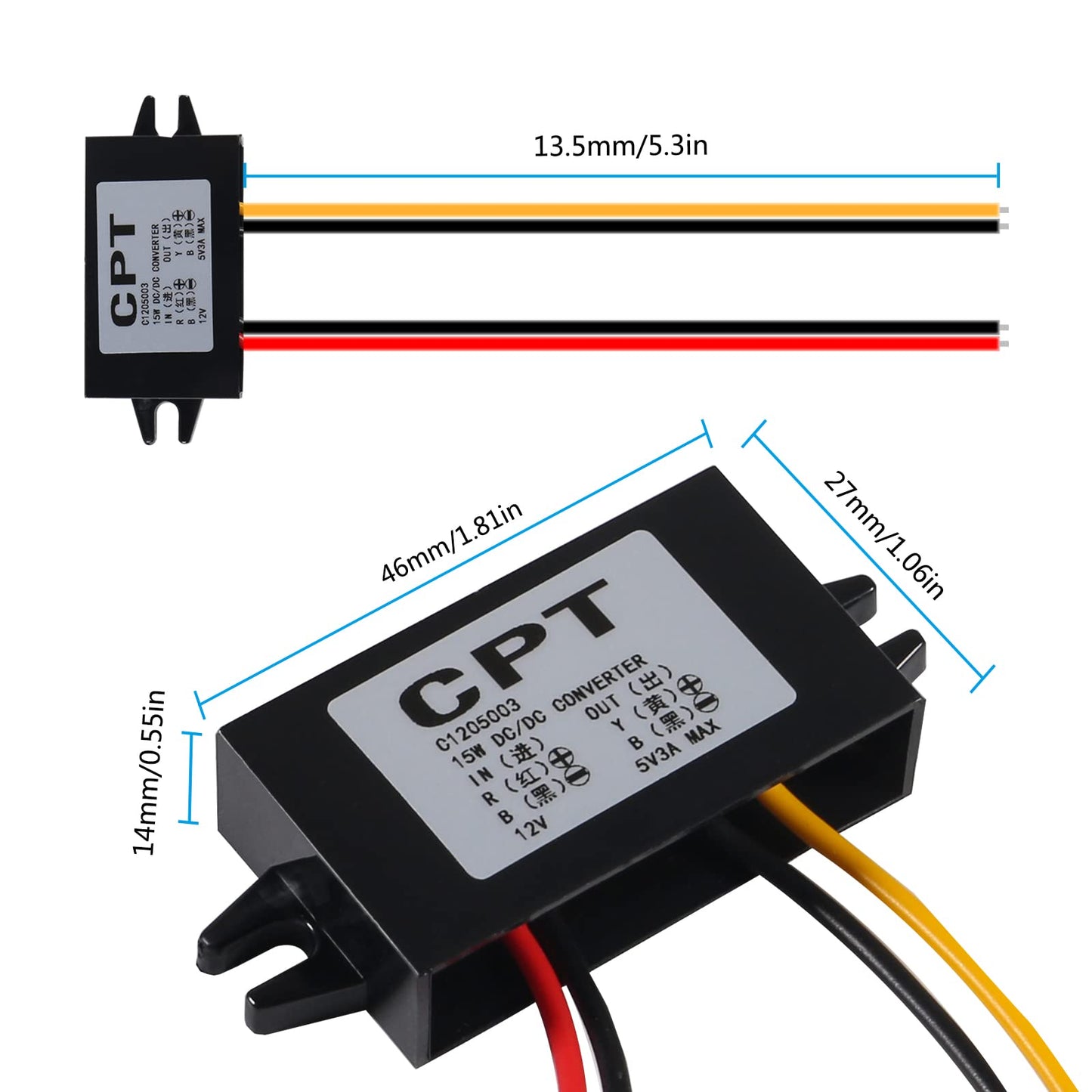 DIANN 12V to 5V 3A 15W Buck Converter Module - DC to DC Regulator Car Power Converter with Wire Interface