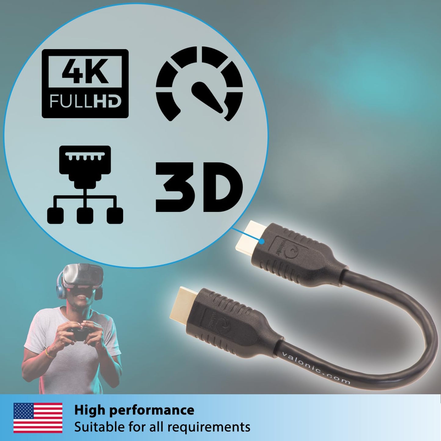 valonic Short HDMI Cable - 0.6 ft, 4k, high Speed, Ultra HD, ethernet - Compatible with Nintendo, PS5, TV, PS4, Xbox, Black, Small, Thin