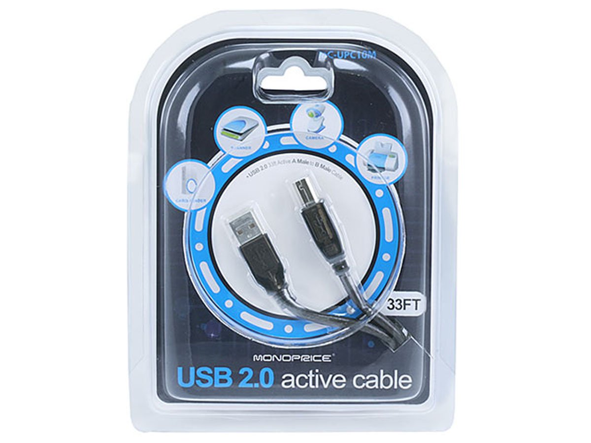 Monoprice USB 2.0 Extension Cable - USB Type-A to USB Type-B, Male to Male, Active, 28/24AWG, 33 Feet, Black