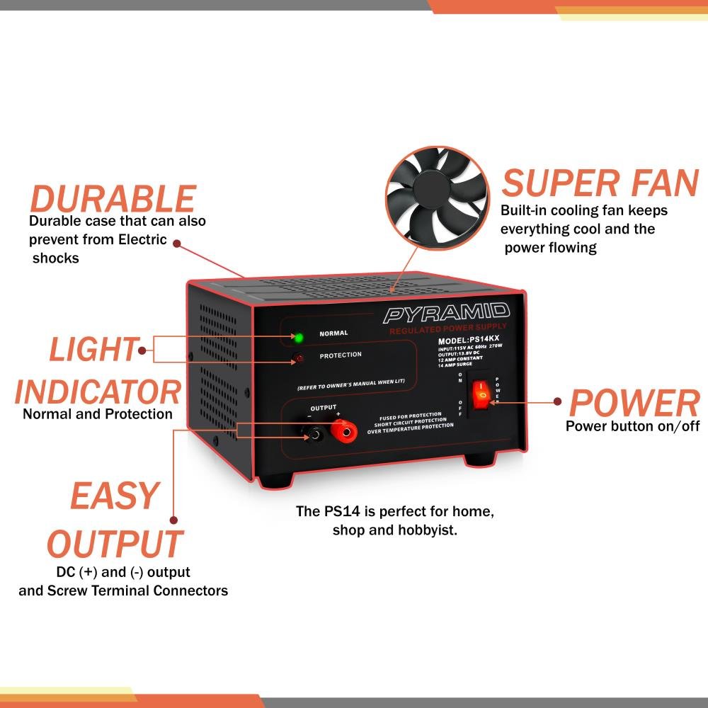 Pyramid Universal Compact Bench Power Supply - 12 Amp Linear Regulated Home Lab Benchtop AC-to-DC 12V Converter w/ 13.8 Volt DC 115V AC 270 Watt…