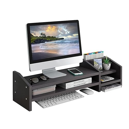 KUAIYU Computer Monitor Riser, 2 Tier Wooden Stand With Two Layer Storage Rack, Black Desktop Organizer for PC/Laptop, Home & Office