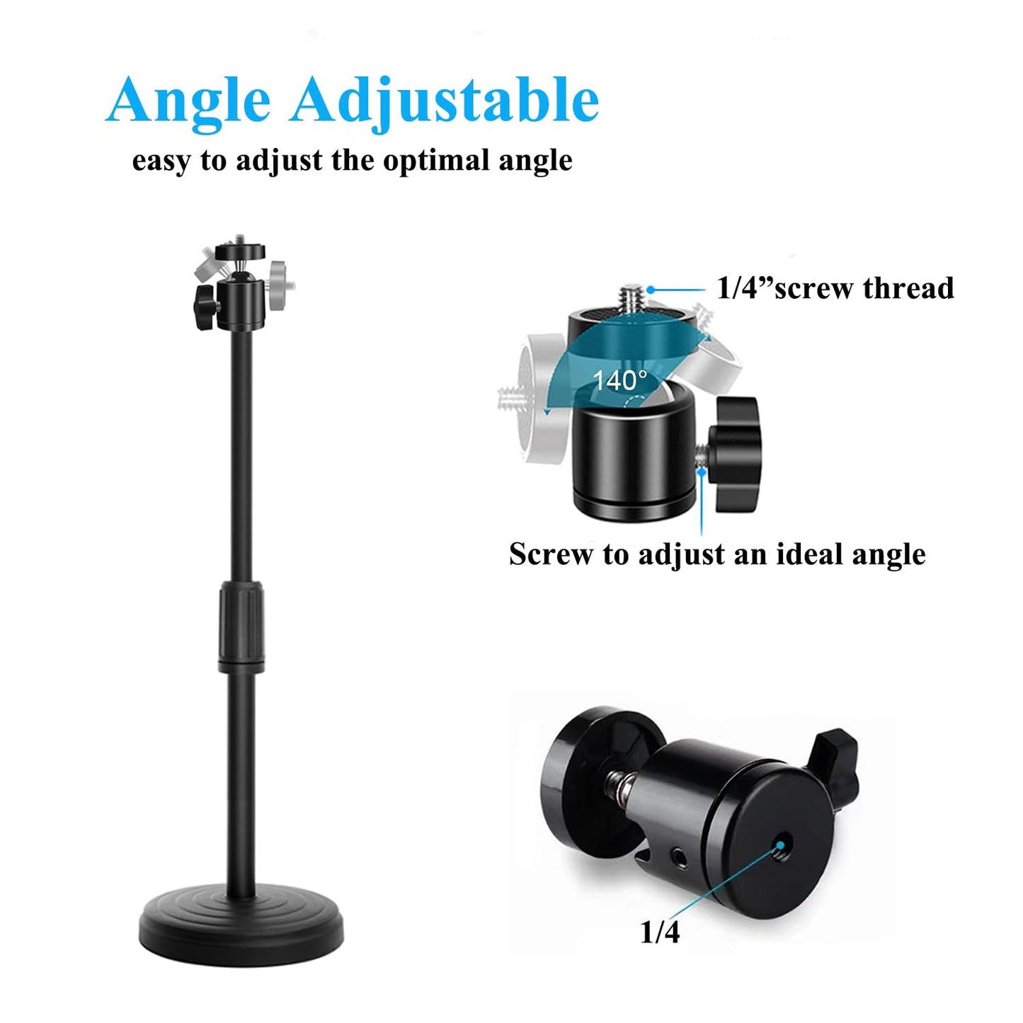 Webcam Stand with Phone Holder, Adjustable Height Desk Camera Mount for Logitech C920 C922 C925e C930e, 1/4" Threaded Desktop Tripod Stand for Live