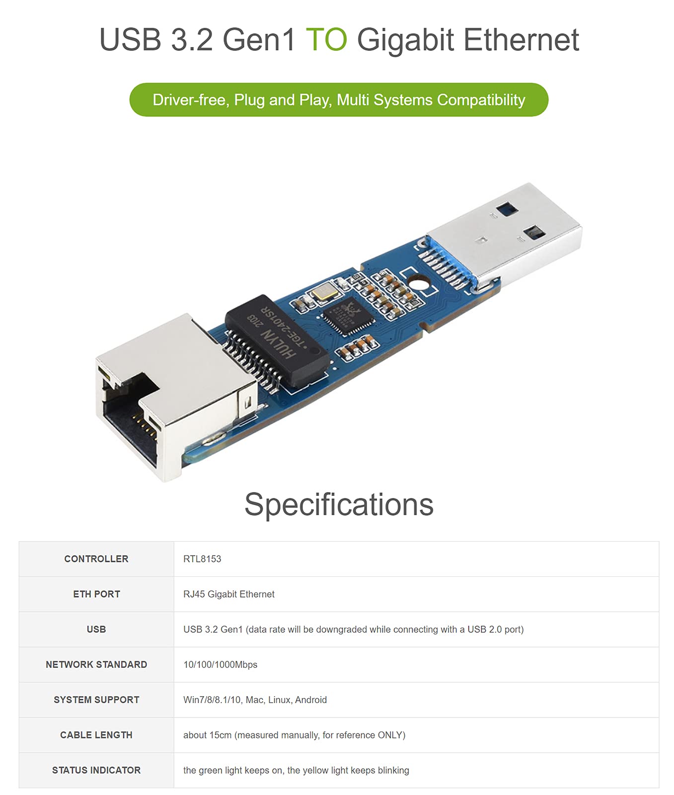 USB 3.2 Gen 1 to Gigabit Ethernet Converter, USB to Ethernet Adapter with 10/100/1000Mbps Network Standard, RTL8153 Controller, Support