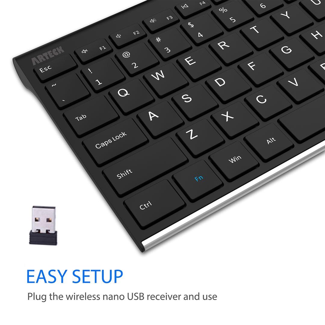 Arteck 2.4G Wireless Keyboard Stainless Steel Ultra Slim Full Size Keyboard with Numeric Keypad for Computer/Desktop/PC/Laptop/Surface/Smart TV