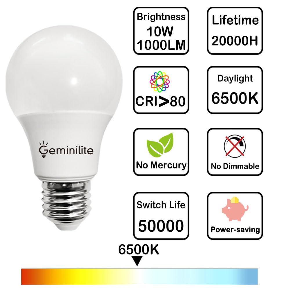 Geminilite A19 LED Light Bulbs 6500K Daylight White 6 Pack