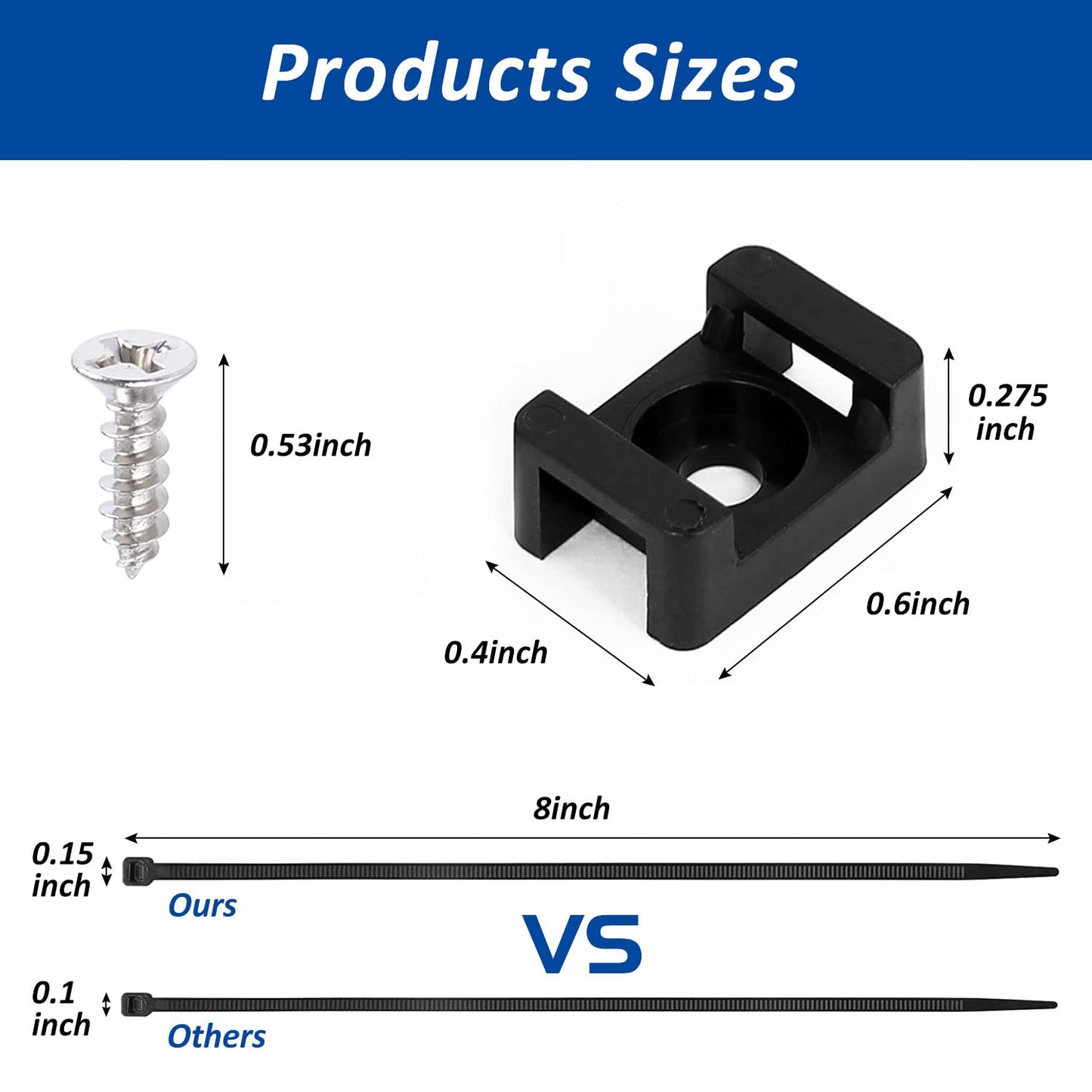 Cable Zip Tie Mounts Kit - 120 Set Wire Cable Clips Organizer Holders with 8" Cable Ties, Saddle Type Mounts Base and Tapping Screw, Black