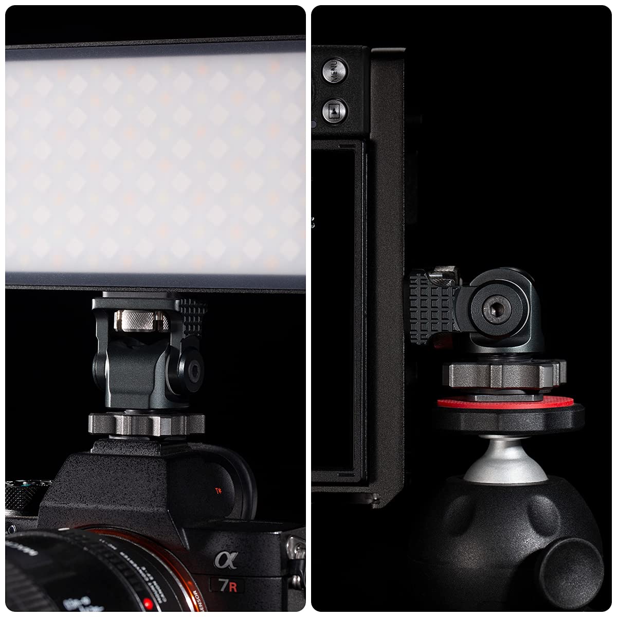Camera Monitor Mount with Cold Shoe 1/4 Screw for 5" & 7" Monitor, 360°Swivel and 176° Tilt Field Mount Holder for LED Lights, Flash, Microphone
