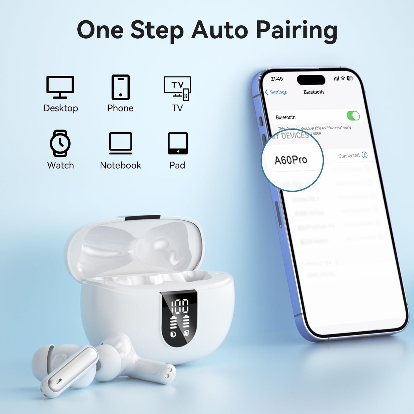 Wireless Earbuds, Bluetooth 5.3 Headphones 40Hrs Playtime Deep Bass Stereo in-Ear Earbud, LED Power Display, Call Noise Canceling Headphones with Mic