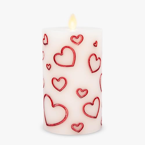 Luminara Debossed Hearts Pillar Candle Metallic Red - Patented Flickering Flameless Technology - Valentine's Day Collection - Remote Ready - 6.5"